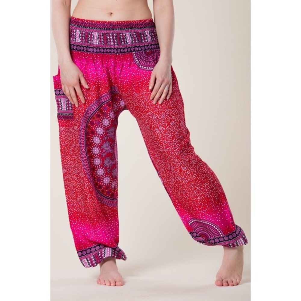 Harem Pants Women's One Size Pink Red Mandala Boho Smocked Waist Pants